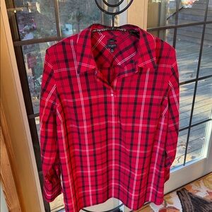 Talbots Non Iron Red Plaid Holiday Long Sleeve Embellished 2 Button Sz 16P Shirt